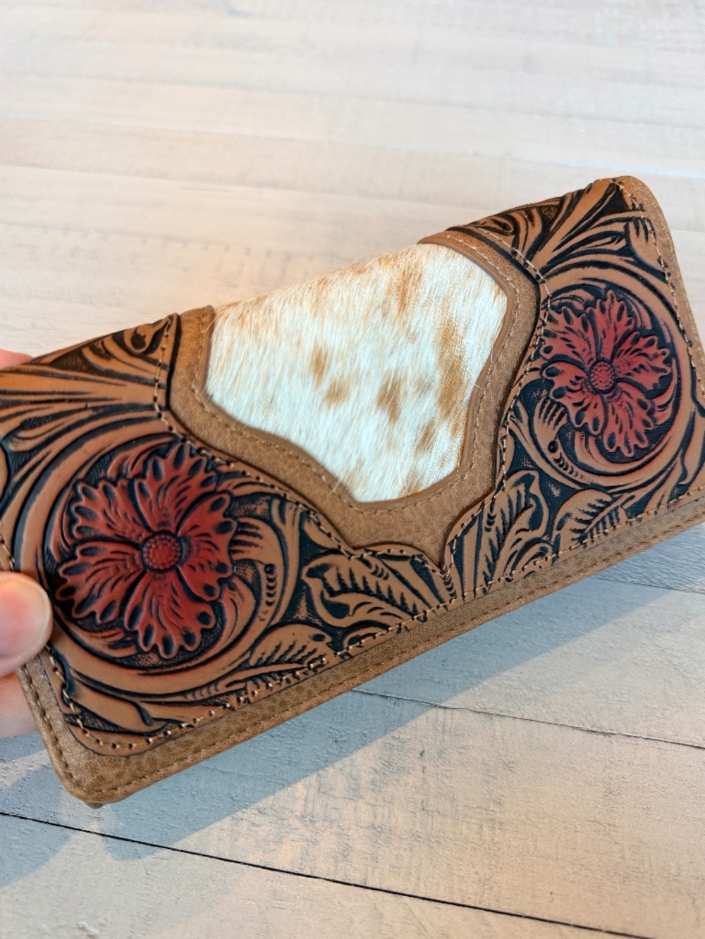 Trinity Ranch Floral Tooled and Hair-On Cowhide Collection Wallet Tan